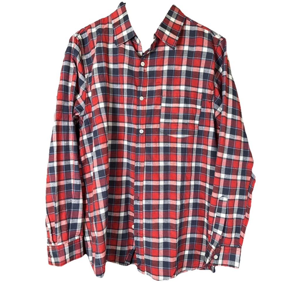 Real Essentials mens long sleeve‎ casual shirt red navy plaid cotton blend XL
